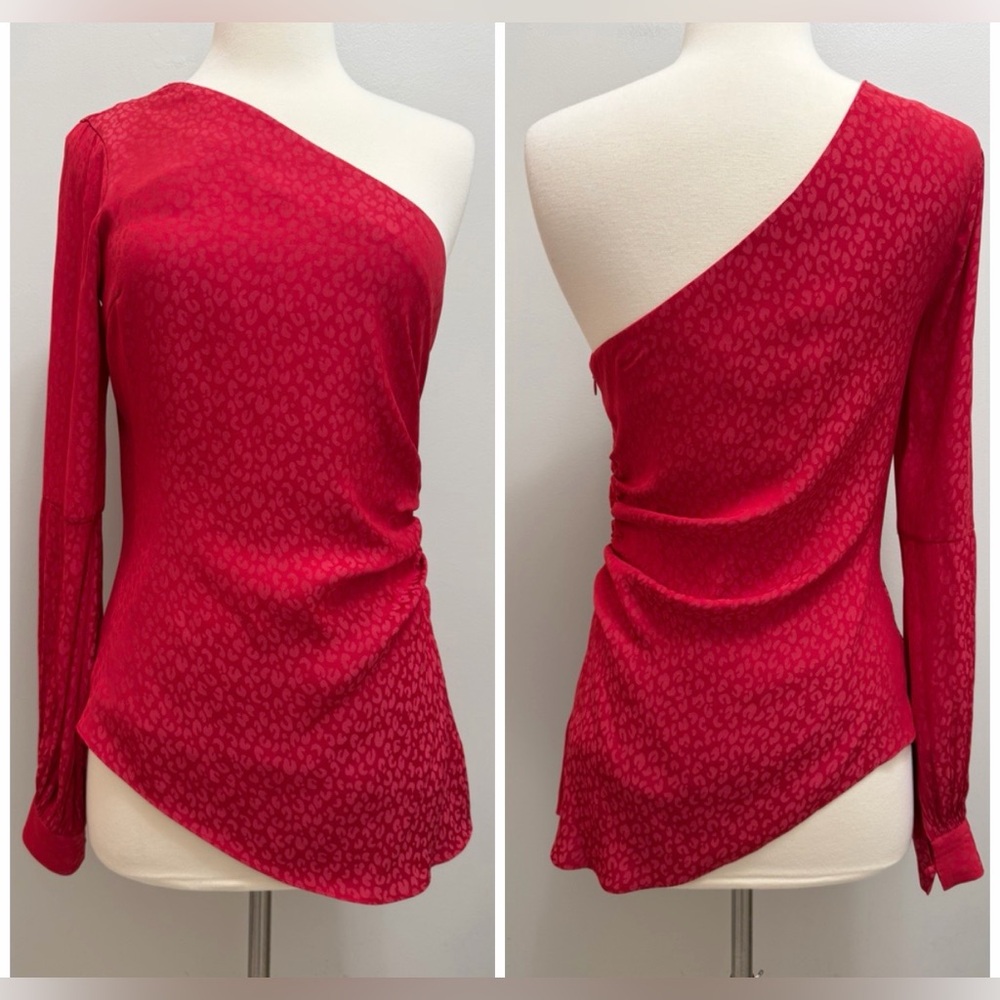 L’Academie Senna Top Blouse One Shoulder Asymmetric Hem Lava Red Size S - Picture 2 of 10